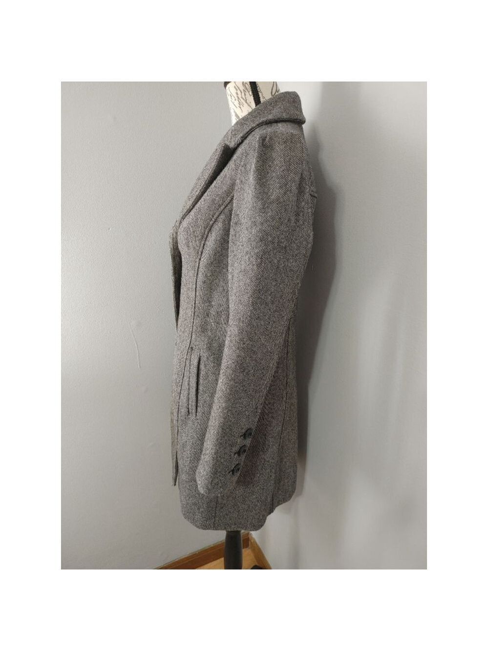 Women's Guess Gray & Black Wool Blend 3 Button Tweed Pea Coat Size M - Picture 3 of 13